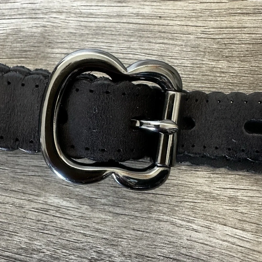 Fossil Women's Belt Black Scalloped Leather Detailed Feminine Boho Mid Width Sm